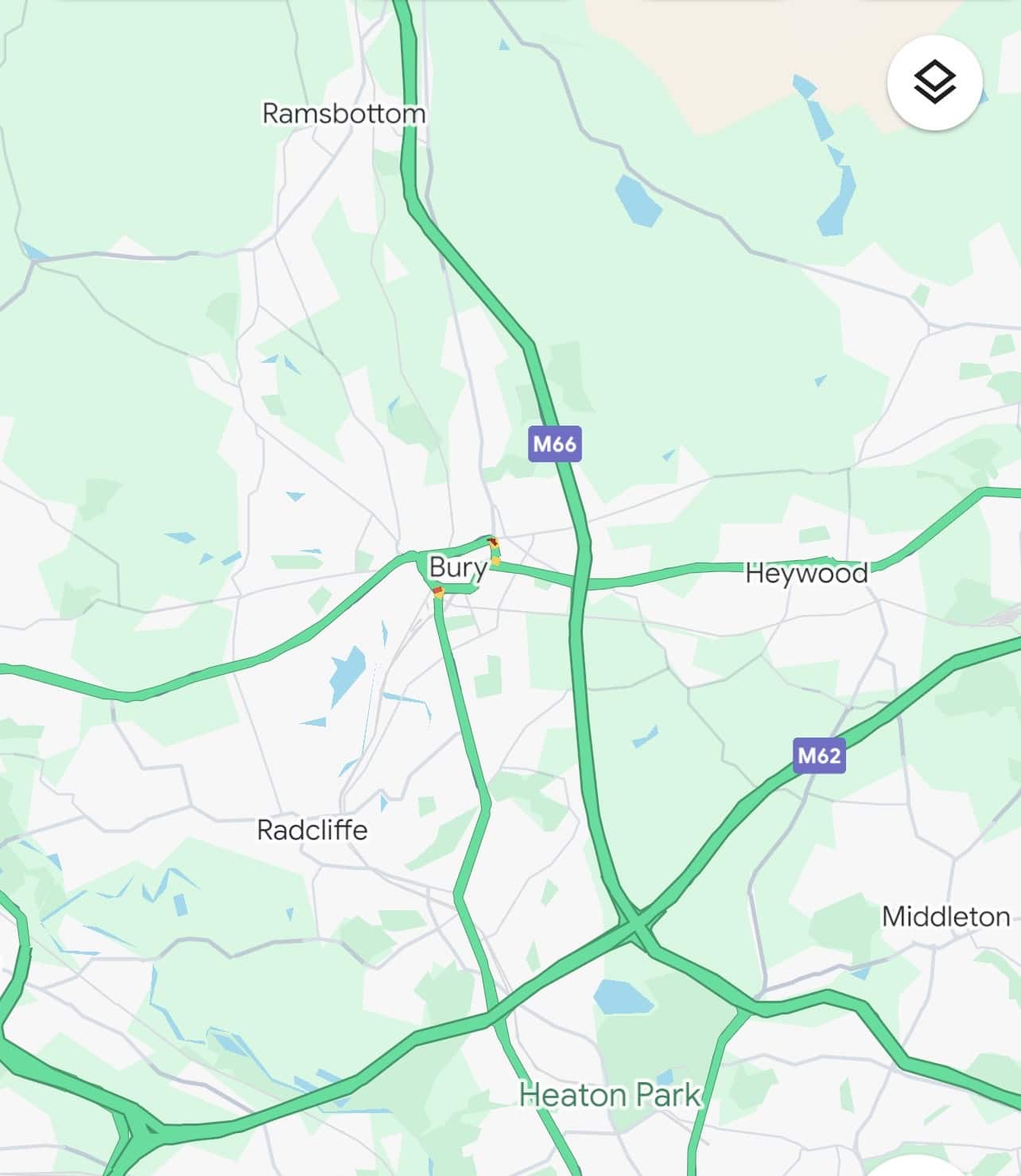 Static map of Bury showing car recovery and towing service coverage areas